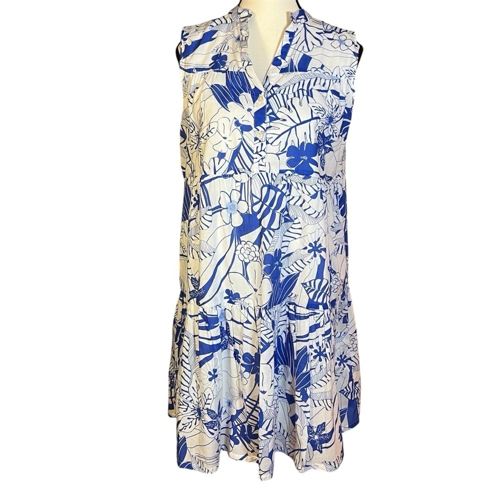 Vilagallo Sleeveless Tropical Mini Dress Size 42 US 10 Blue White Cotton Floral